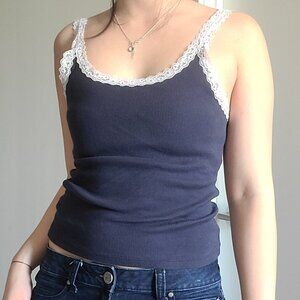H&M Vintage Y2k Navy Lace Trim Tank Top